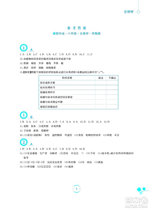 安徽教育出版社2025年暑假作业八年级生物全册苏教版答案