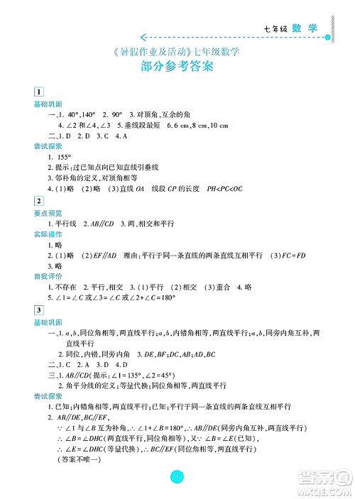 新疆文化出版社2025年暑假作业及活动七年级数学全册通用版答案 新疆文化出版社2025年暑假作业及活动七年级数学全册通用版答案