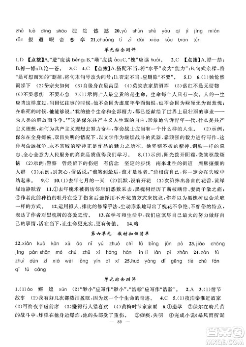 新疆青少年出版社2025年高效课堂系列暑假作业七年级语文全册通用版答案