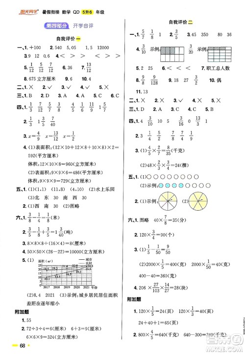 江西教育出版社2025年阳光同学暑假衔接五年级数学全册青岛版答案