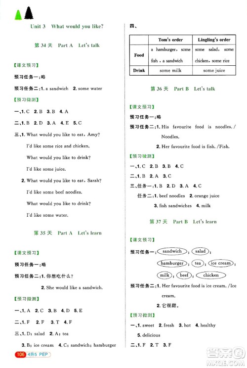 江西教育出版社2025年阳光同学暑假衔接四年级英语全册人教PEP版答案