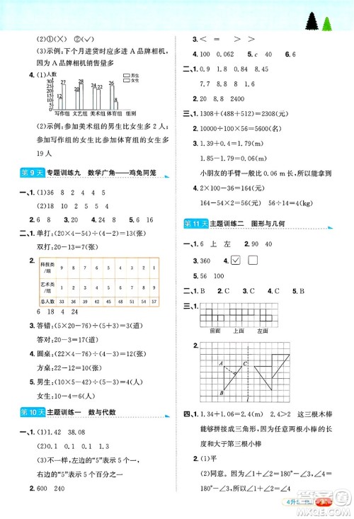 江西教育出版社2025年阳光同学暑假衔接四年级数学全册人教版浙江专版答案
